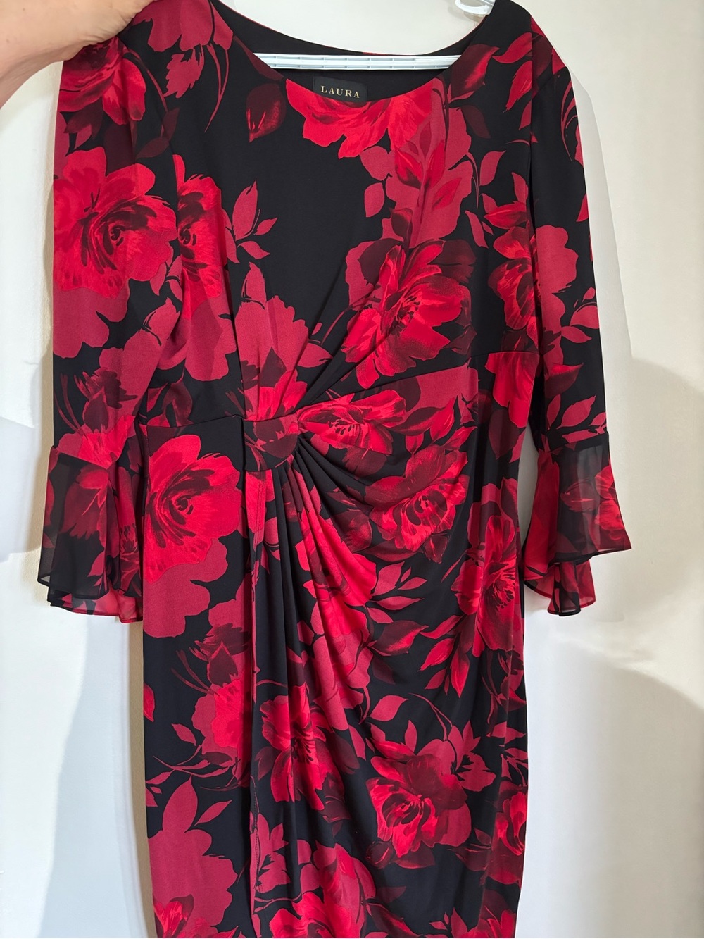 Aura Black Midi Dress with Red Floral Print and Twist Detail